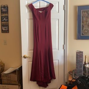 Maroon off the shoulder gown.